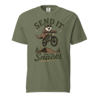 Moss green t-shirt with a graphic of an otter on a bike and text 'Send it for the snacks'.