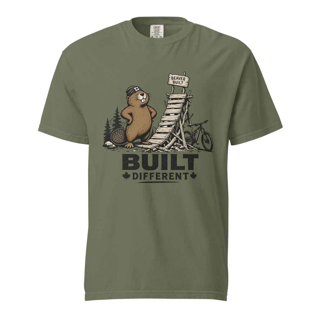 Moss green t-shirt with beaver graphic and 'Built Different' text on a white background