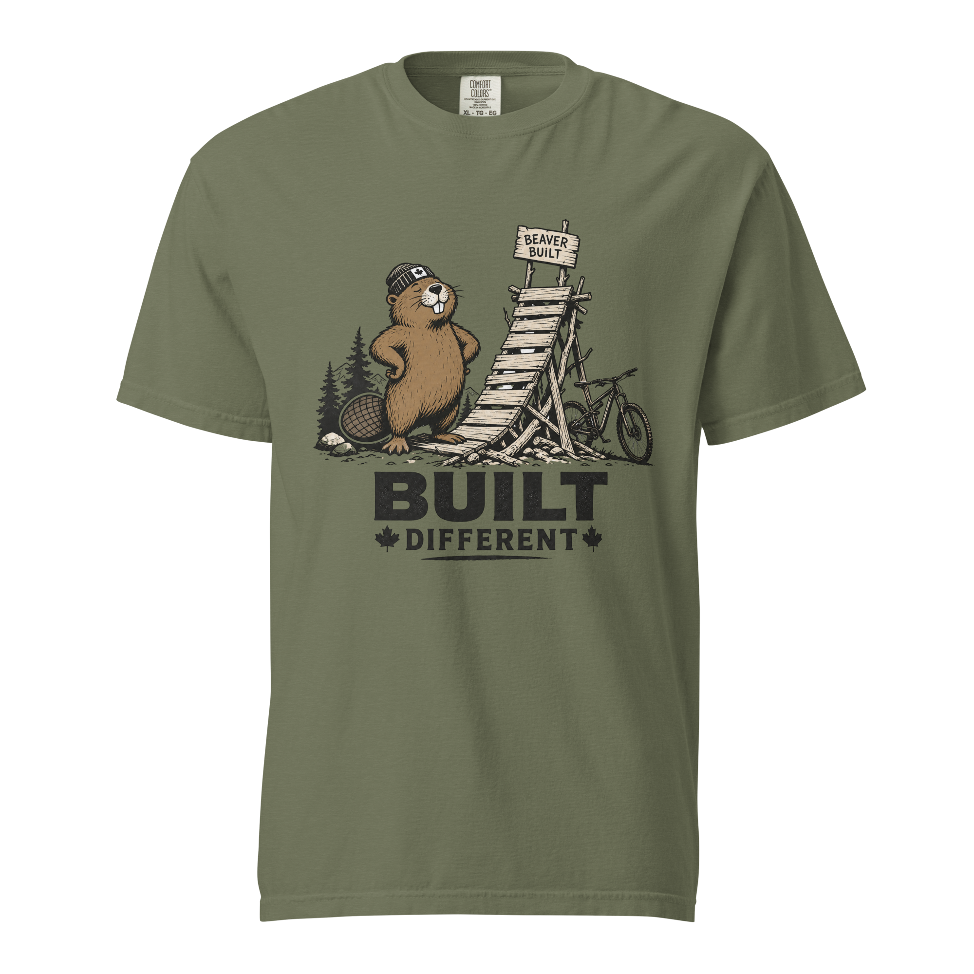 Moss green t-shirt with beaver graphic and 'Built Different' text on a white background