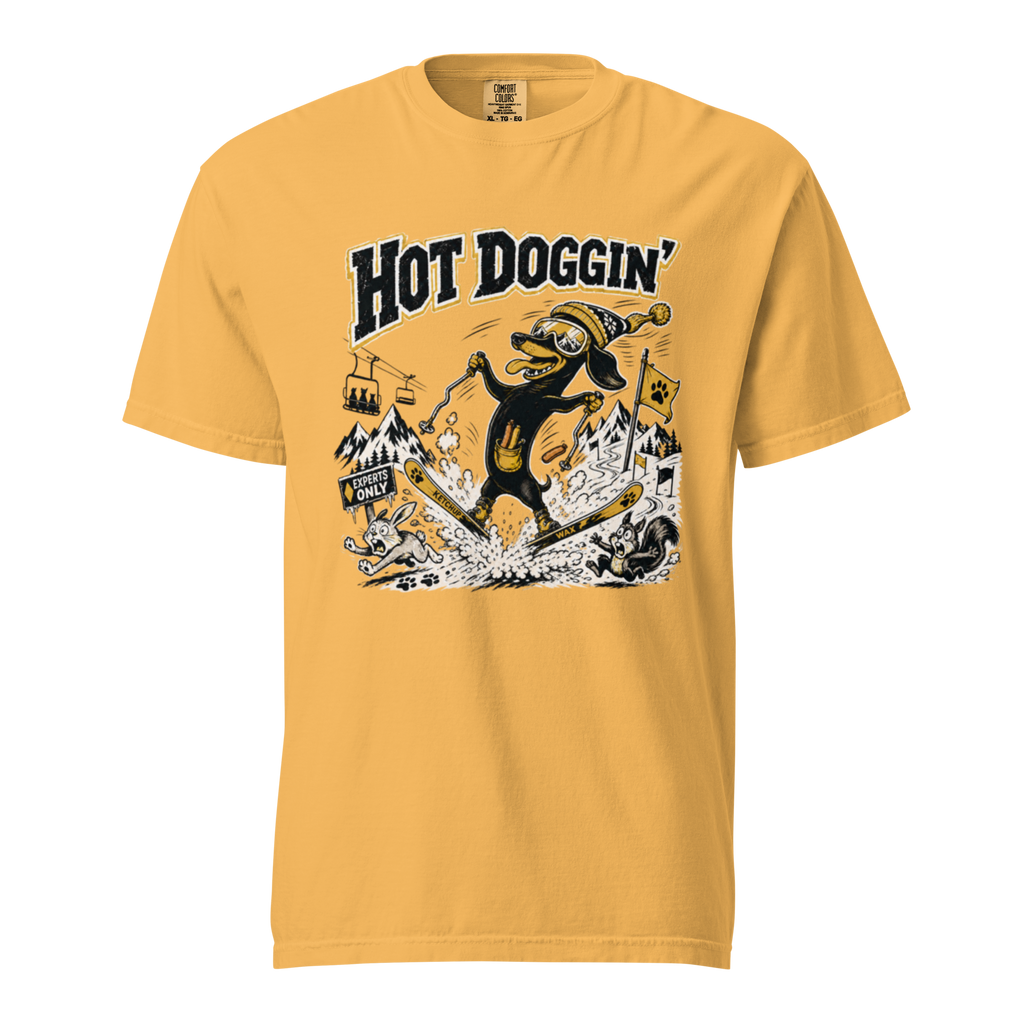 Yellow t-shirt with a graphic design of a dog and text 'Hot Doggin'' on a white background