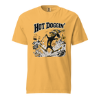 Yellow t-shirt with a graphic design of a dog and text 'Hot Doggin'' on a white background