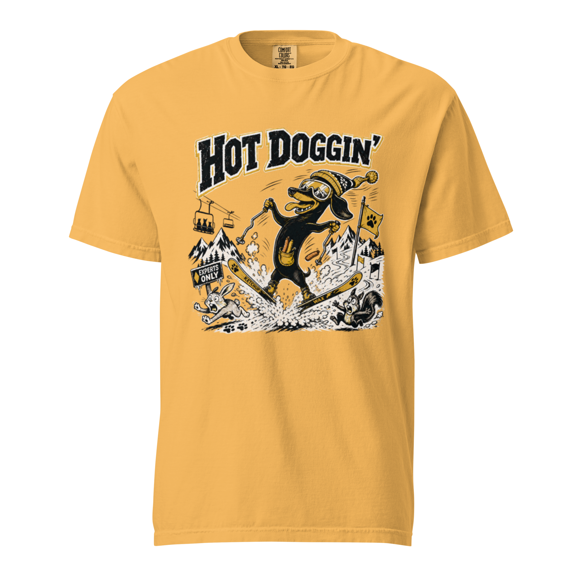 Yellow t-shirt with a graphic design of a dog and text 'Hot Doggin'' on a white background