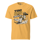 Yellow t-shirt with graphic design and text 'Too Rad to Snowplow' on a white background