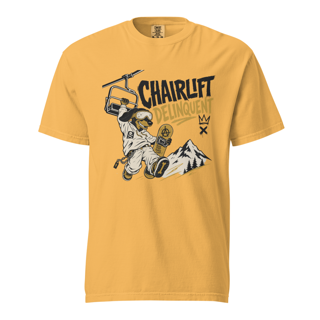 Mustard yellow t-shirt with a graphic of a snowboarder and 'Chairlift Delinquent' text on a white background