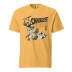 Mustard yellow t-shirt with a graphic of a snowboarder and 'Chairlift Delinquent' text on a white background