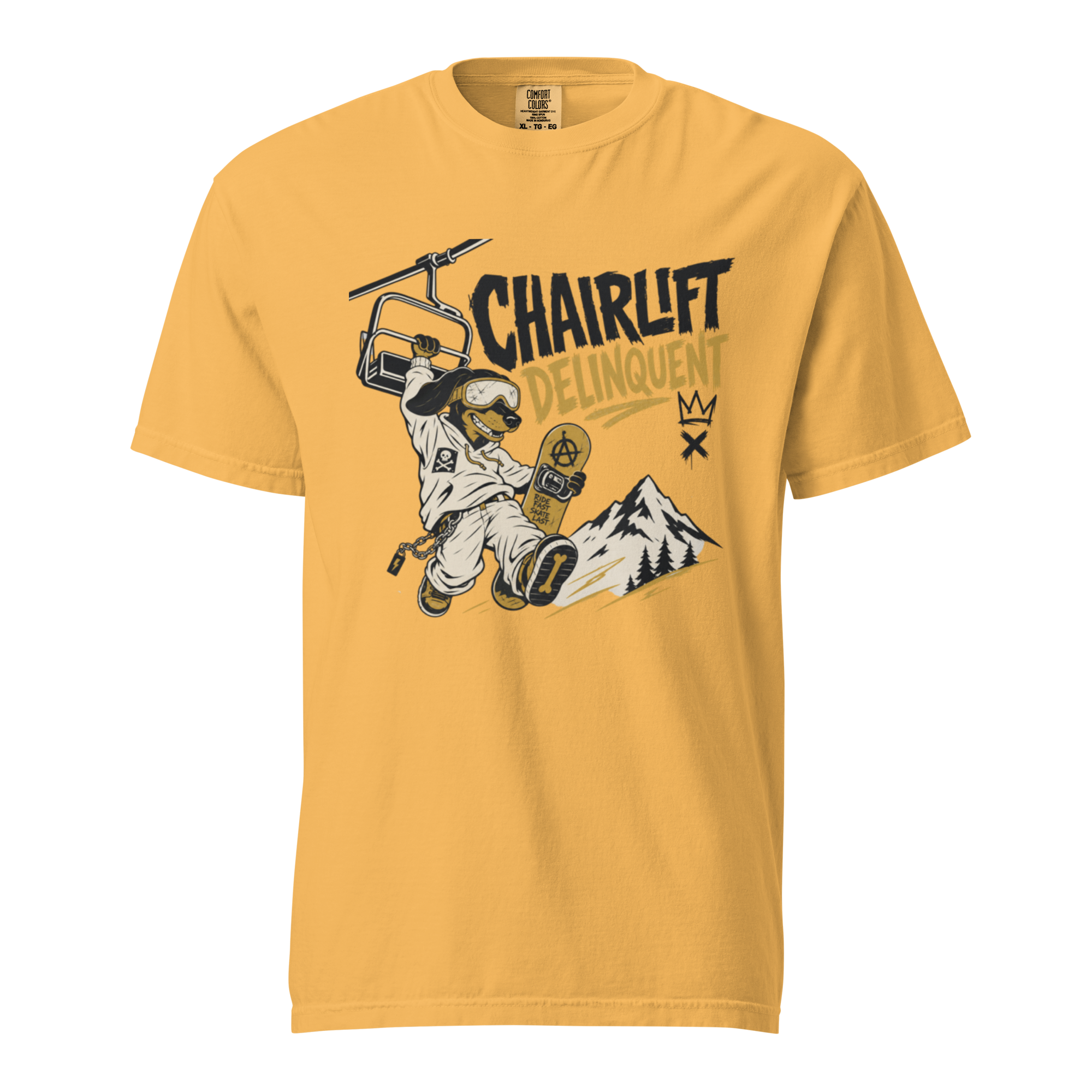 Mustard yellow t-shirt with a graphic of a snowboarder and 'Chairlift Delinquent' text on a white background
