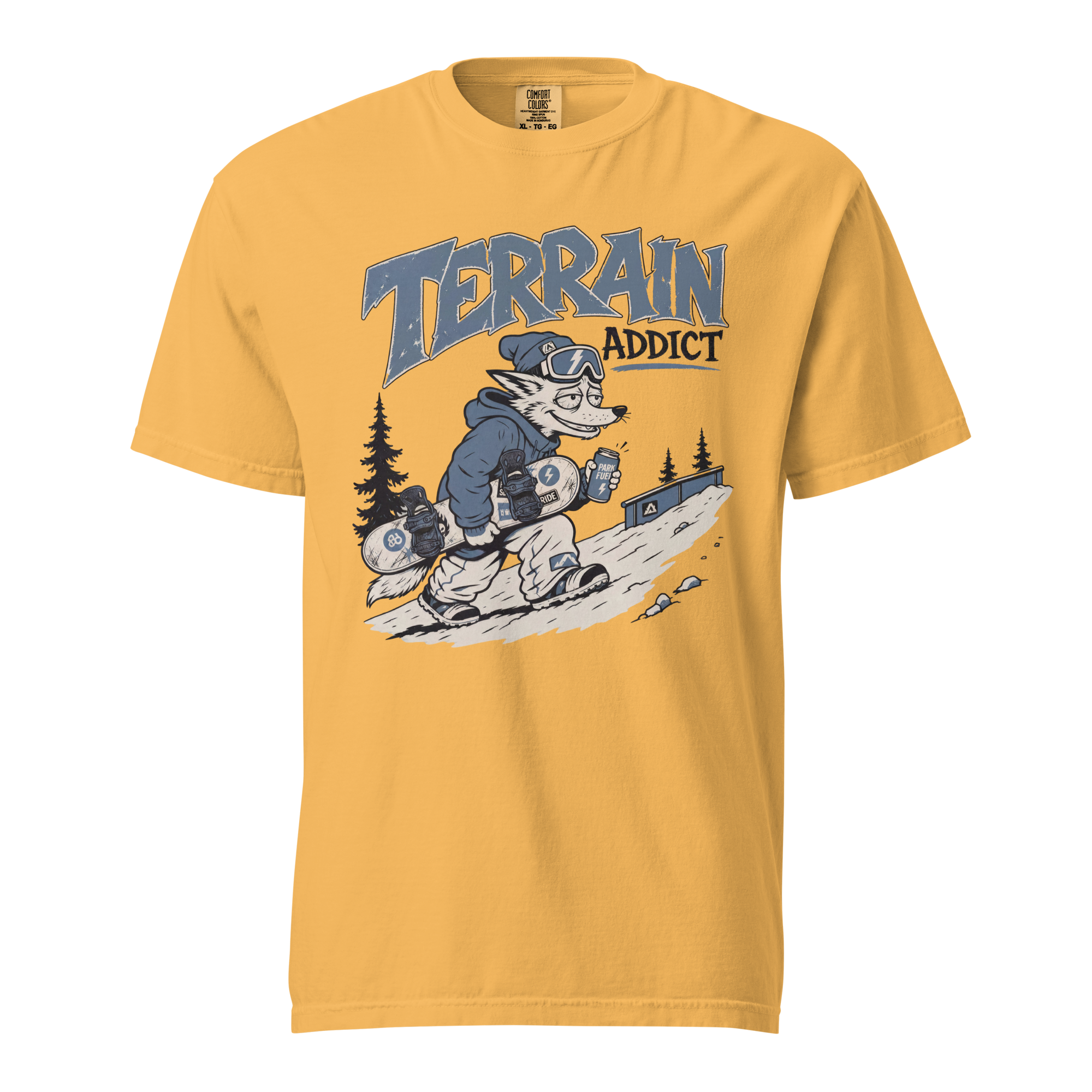 Mustard yellow t-shirt with a graphic of a skier and 'Terrain Addict' text on a white background