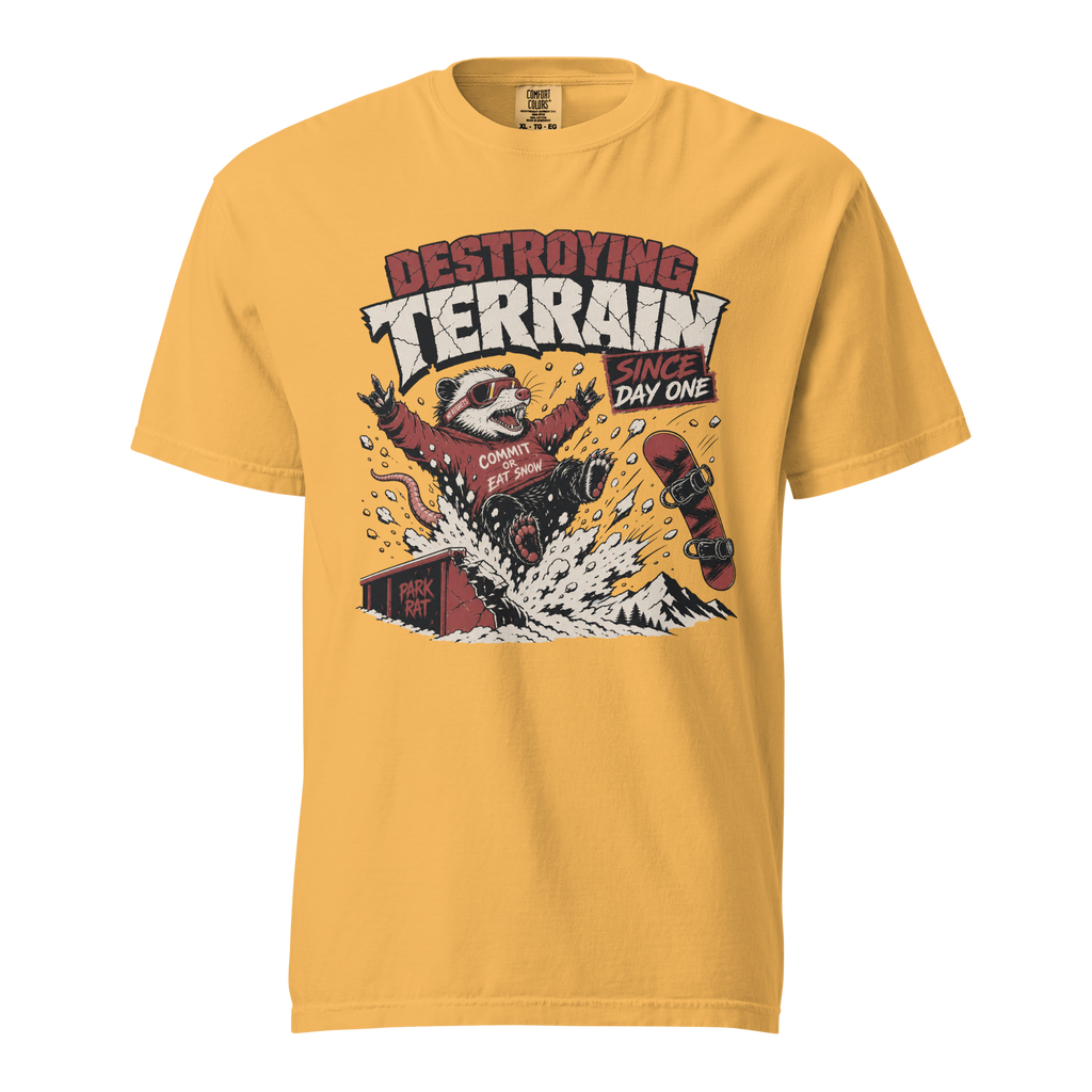 Mustard yellow t-shirt with graphic design and text on a white background