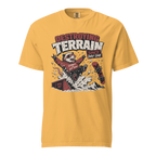 Mustard yellow t-shirt with graphic design and text on a white background
