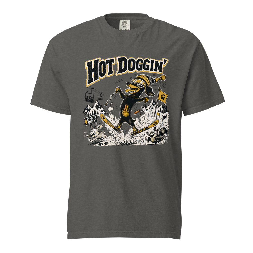 Gray t-shirt with a graphic design featuring a dog skiing and the text 'Hot Doggin'.