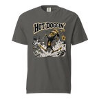 Gray t-shirt with a graphic design featuring a dog skiing and the text 'Hot Doggin'.