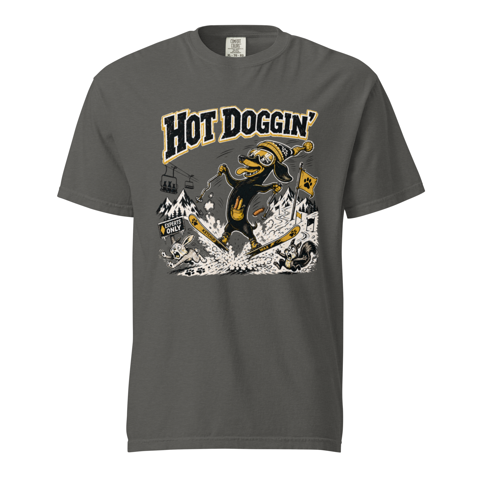 Gray t-shirt with a graphic design featuring a dog skiing and the text 'Hot Doggin'.