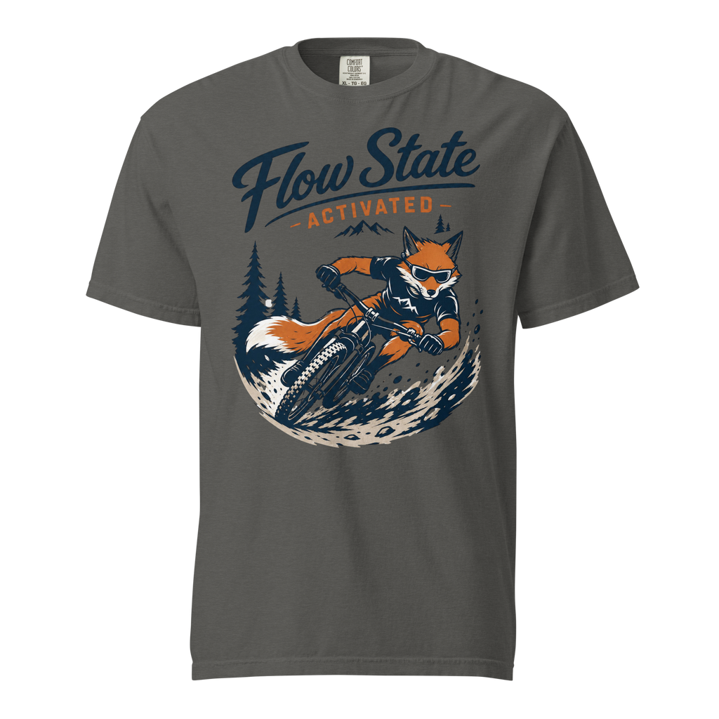 Gray t-shirt with a graphic of a fox riding a bike and 'Flow State Activated' text on a white background