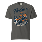 Gray t-shirt with a graphic of a fox riding a bike and 'Flow State Activated' text on a white background
