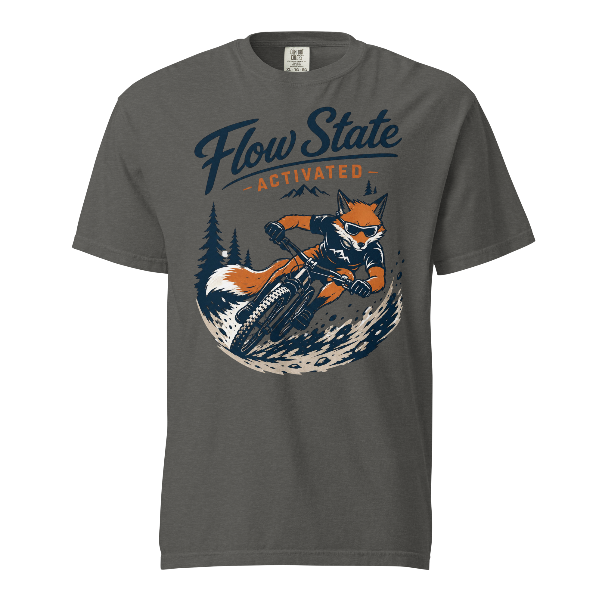 Gray t-shirt with a graphic of a fox riding a bike and 'Flow State Activated' text on a white background