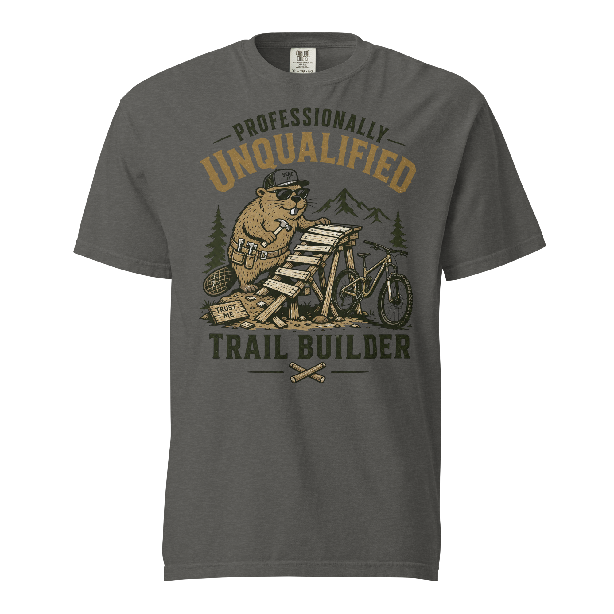 Gray t-shirt with a bear graphic and text on a white background