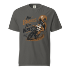 Gray t-shirt with a graphic of a squirrel riding a bike and text 'No Brakes. Just Vibes.' on a white background.