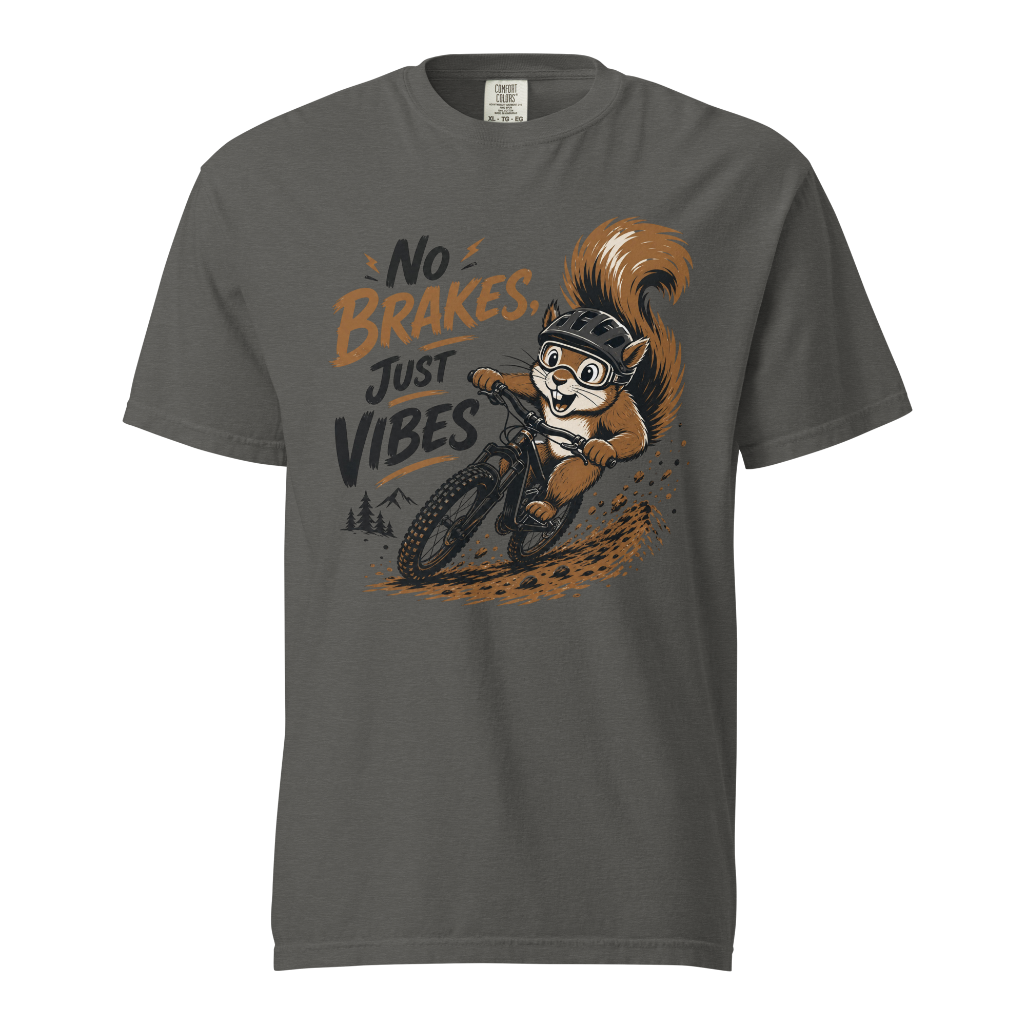 Gray t-shirt with a graphic of a squirrel riding a bike and text 'No Brakes. Just Vibes.' on a white background.