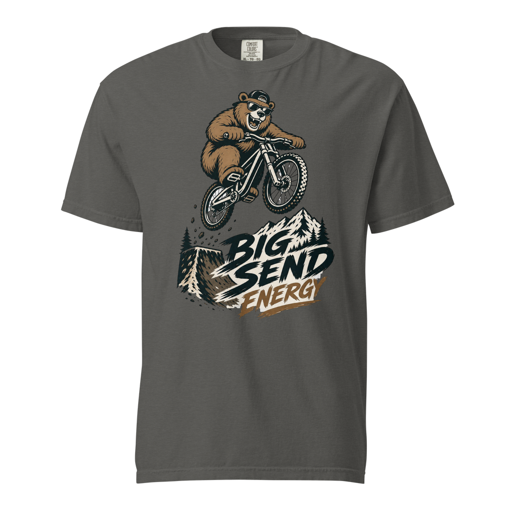 Pepper gray t-shirt with a bear riding a bike and 'Big Send Energy' text on a white background