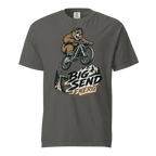 Pepper gray t-shirt with a bear riding a bike and 'Big Send Energy' text on a white background