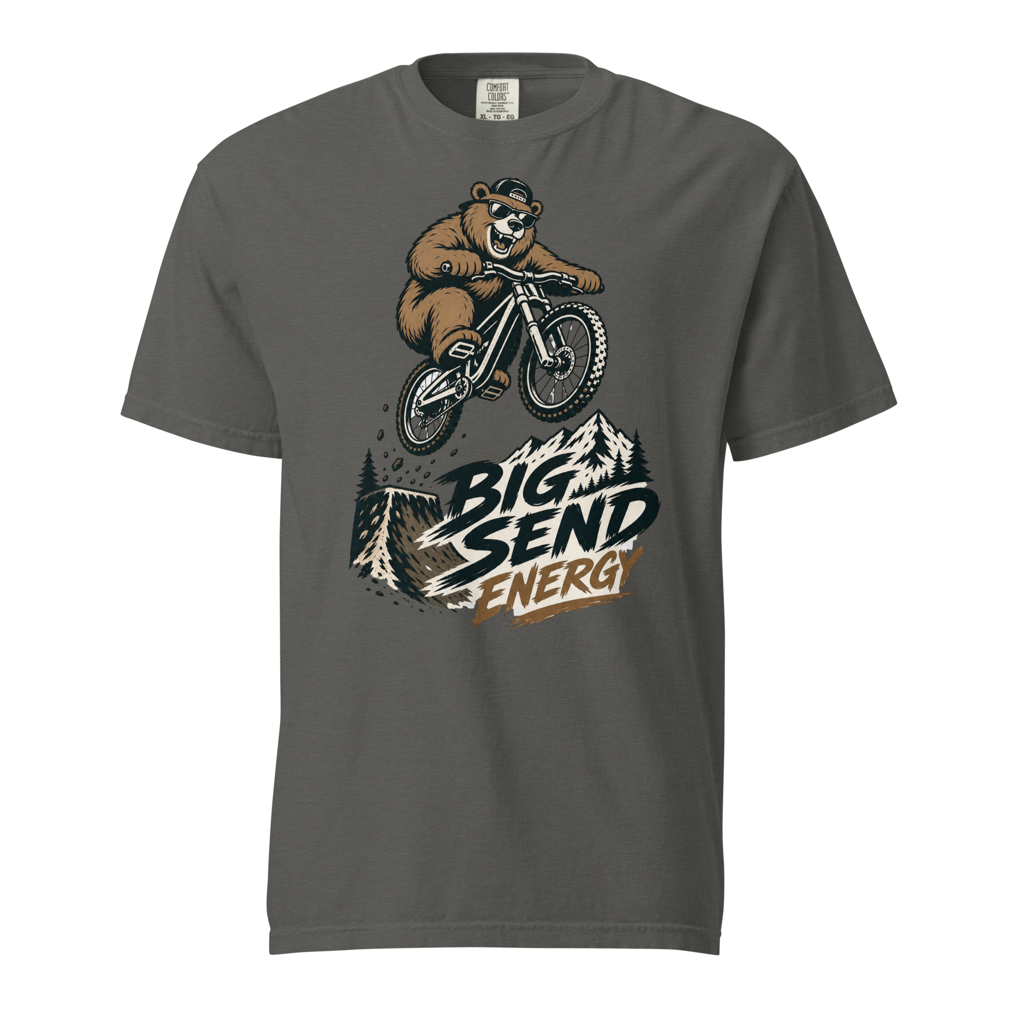 Pepper gray t-shirt with a bear riding a bike and 'Big Send Energy' text on a white background