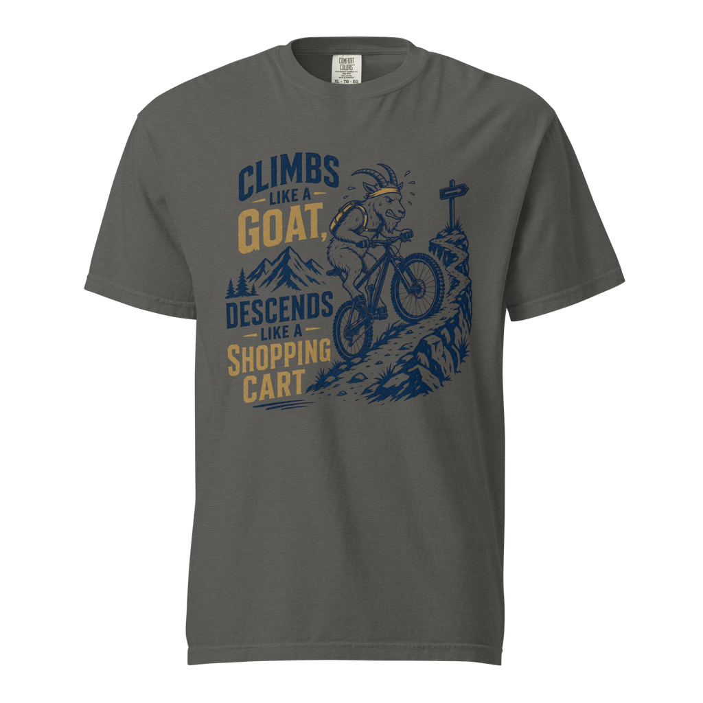 Pepper colored t-shirt with graphic design and text on a white background