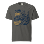 Pepper colored t-shirt with graphic design and text on a white background