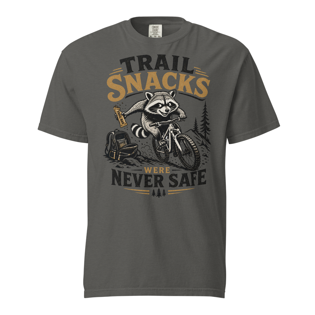 Pepper gray t-shirt with a raccoon graphic and text on a white background