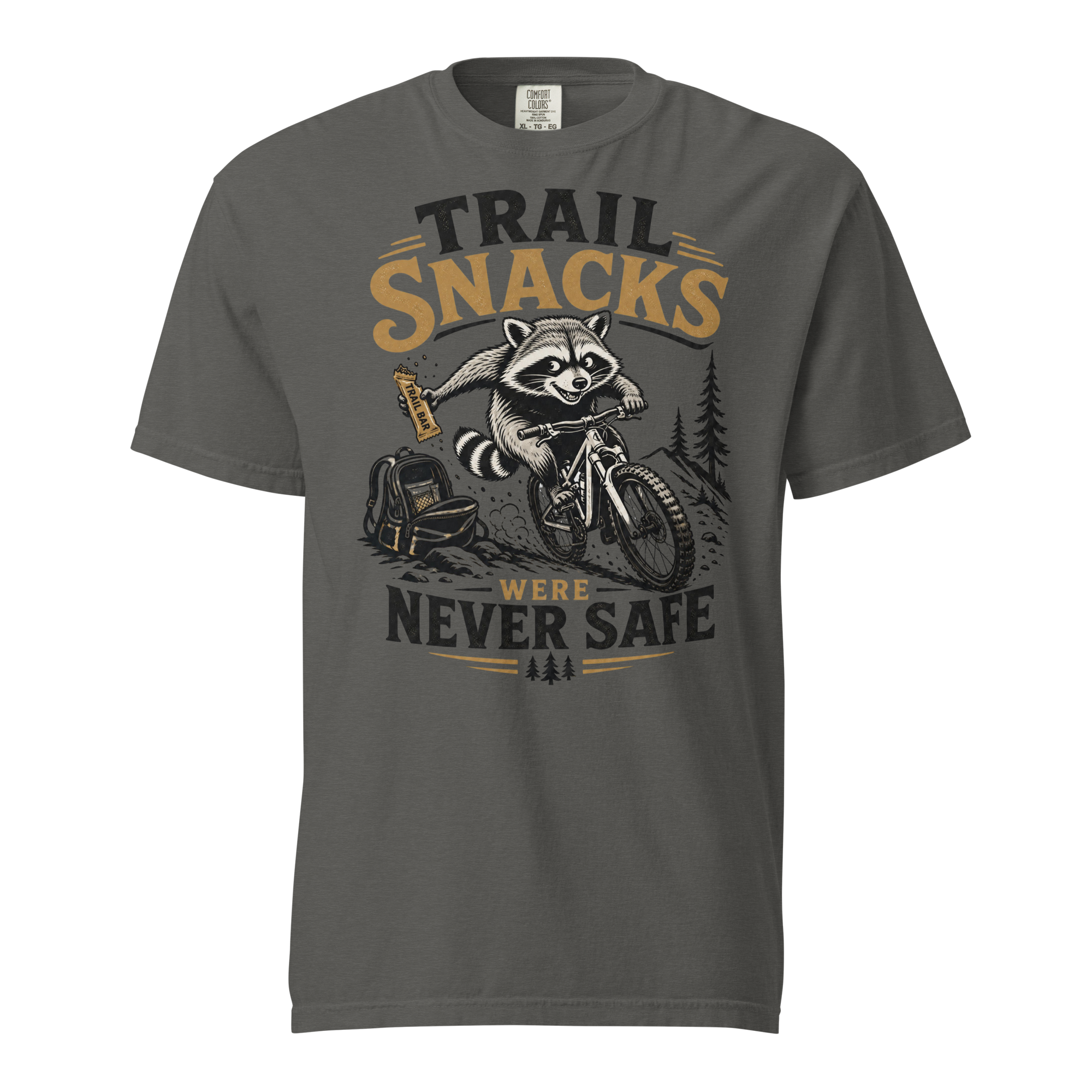 Pepper gray t-shirt with a raccoon graphic and text on a white background