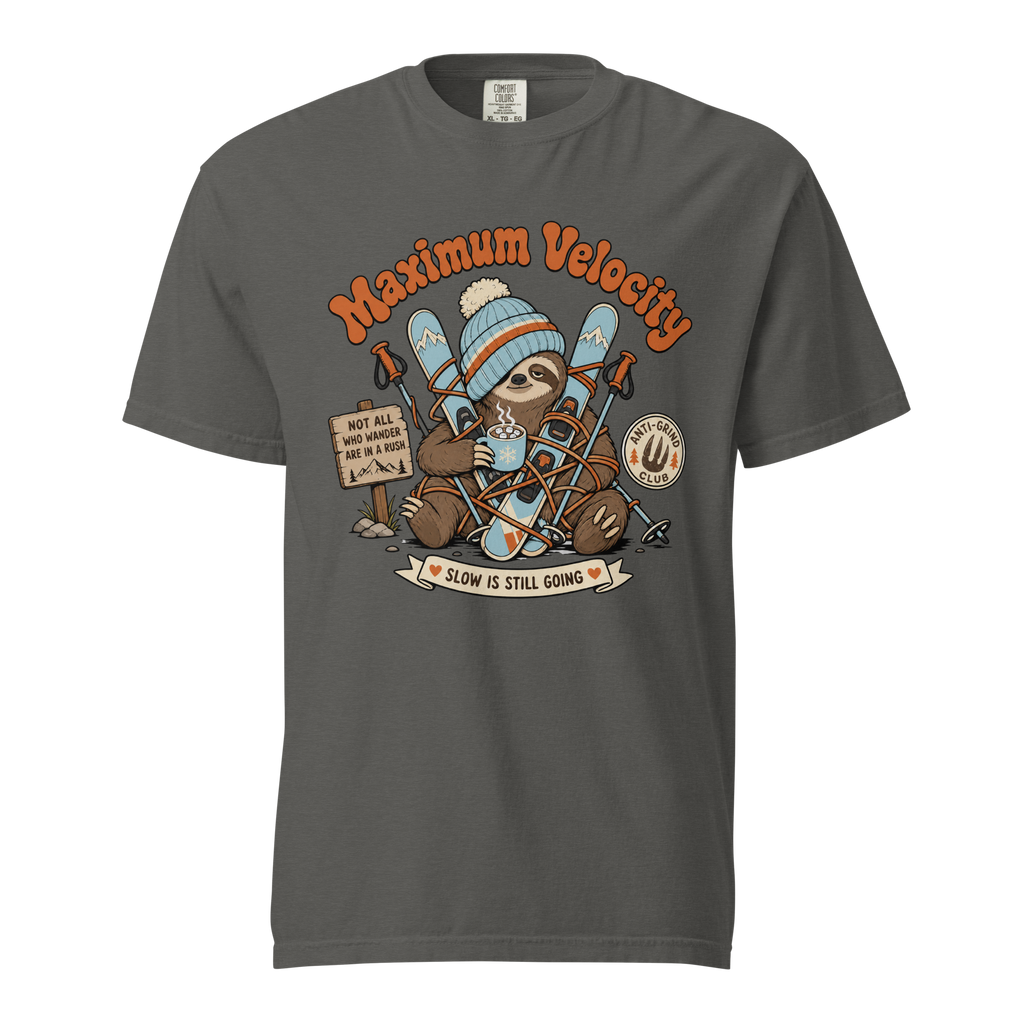 Pepper gray t-shirt with a sloth graphic and 'Maximum Velocity' text on a white background
