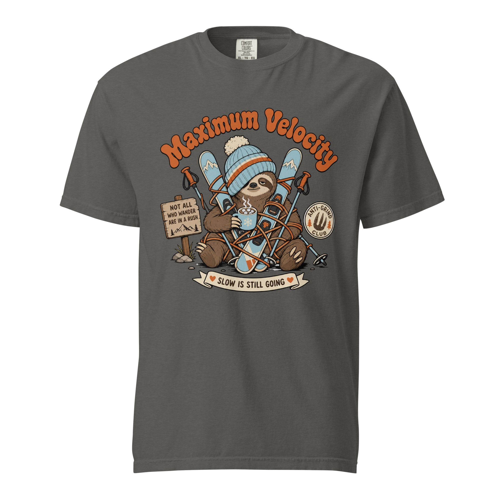 Pepper gray t-shirt with a sloth graphic and 'Maximum Velocity' text on a white background