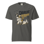 Pepper gray t-shirt with a graphic of a skier on a chairlift and text 'Chairlift Delinquent' on a white background.