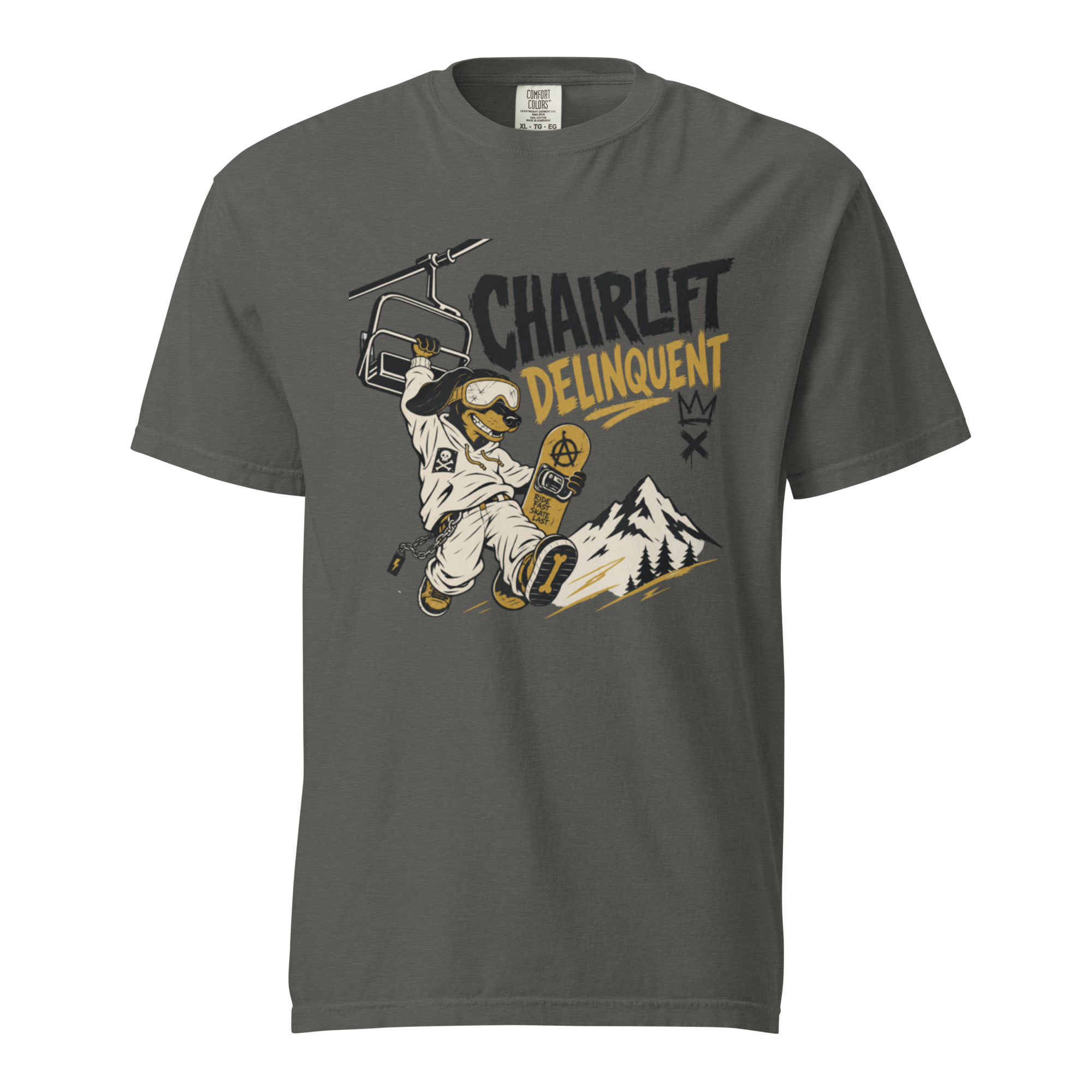 Pepper gray t-shirt with a graphic of a skier on a chairlift and text 'Chairlift Delinquent' on a white background.