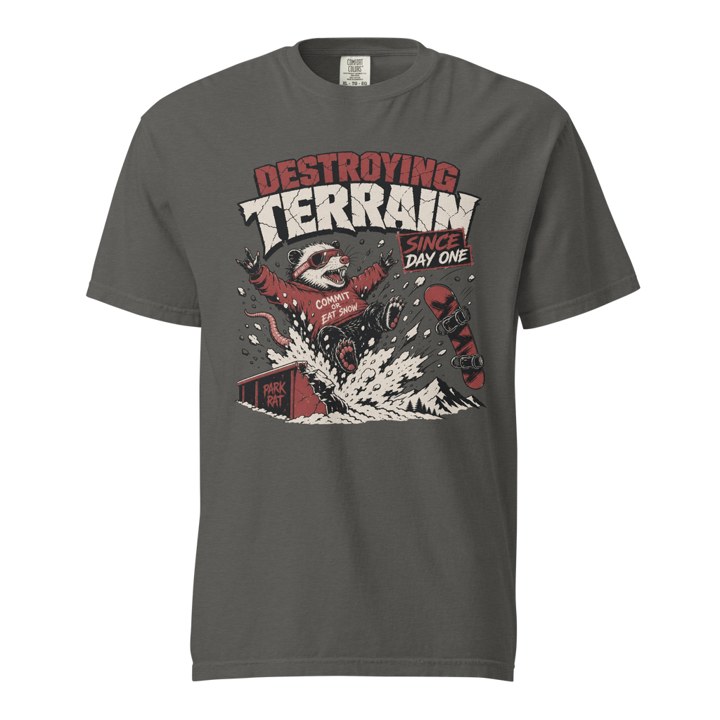 Pepper gray t-shirt with graphic design and text on a white background