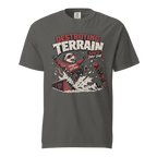 Pepper gray t-shirt with graphic design and text on a white background
