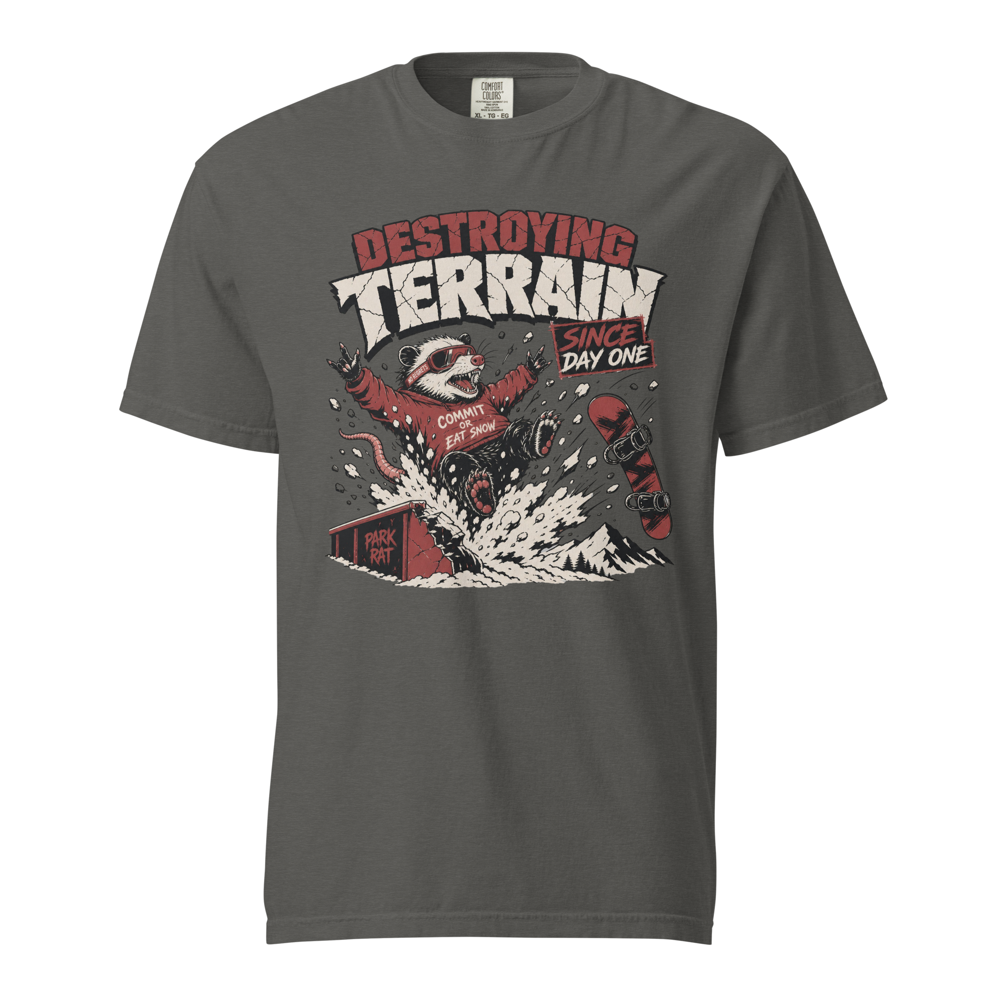 Pepper gray t-shirt with graphic design and text on a white background