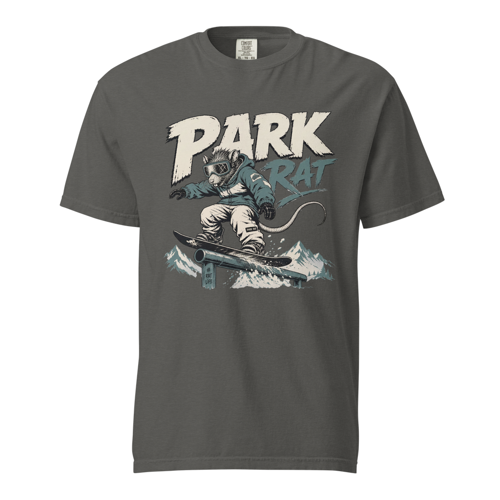 Pepper gray t-shirt with 'PARK RAT' text and a snowboarding rat.