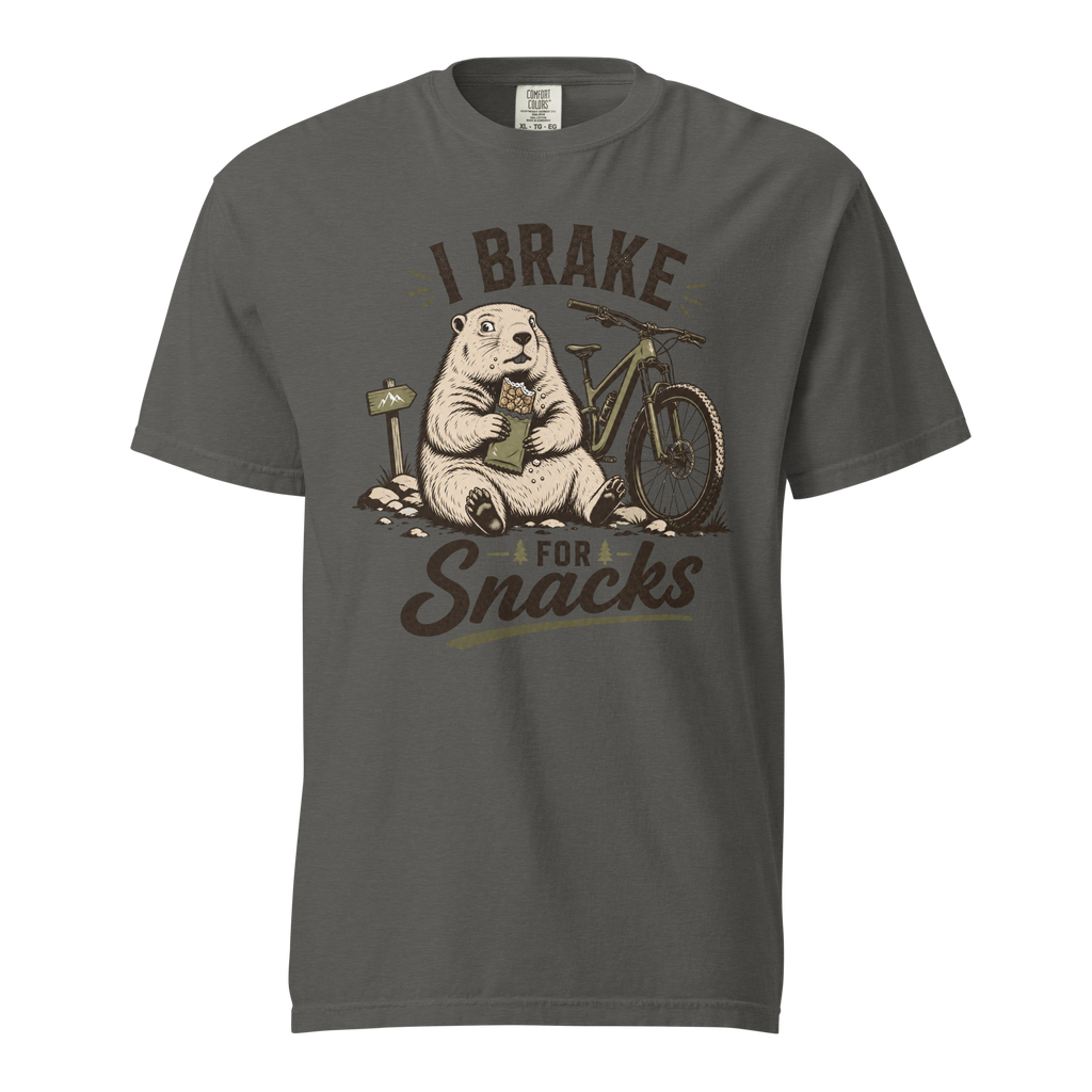 Pepper gray t-shirt with 'I Brake For Snacks' text and a marmot eating a bar with a mountain bike on the side.