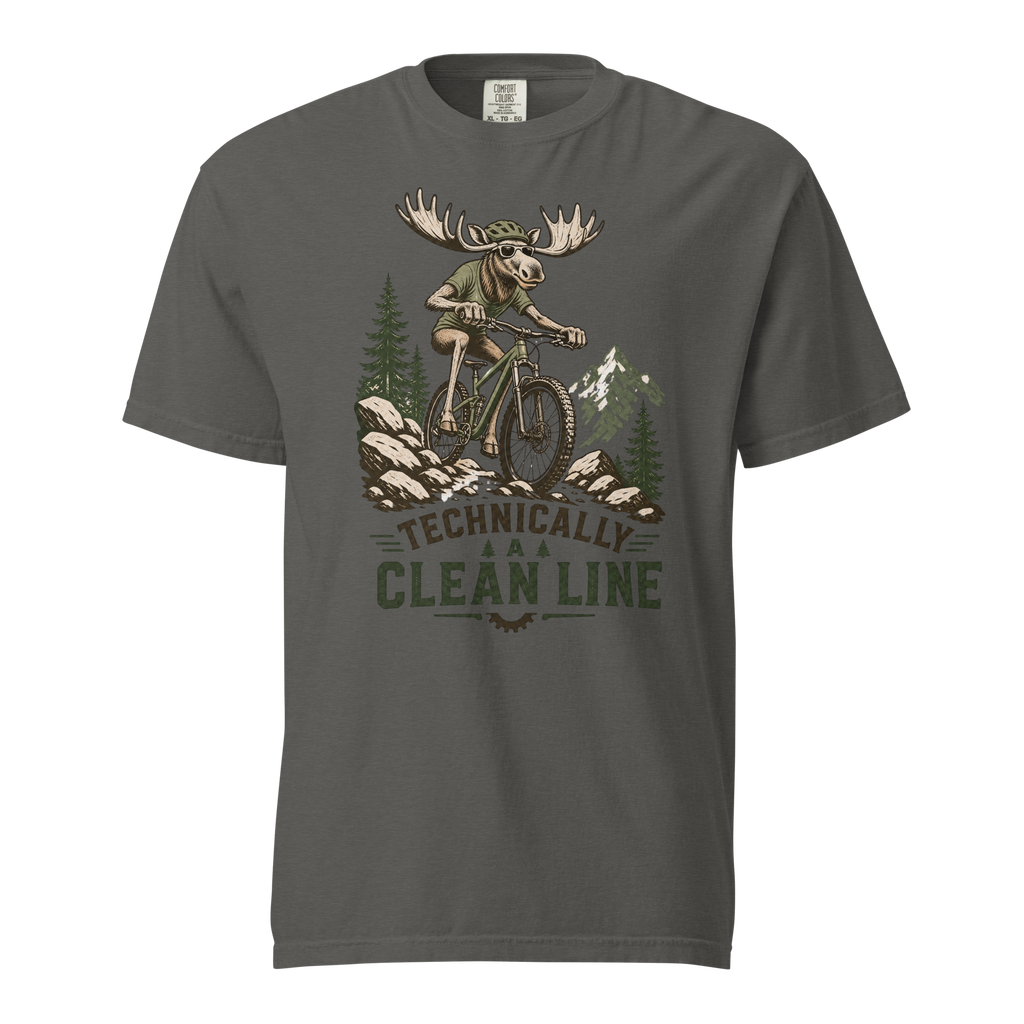 Pepper gray t-shirt with a moose riding a bike graphic and 'Technically Clean Line' text on a white background