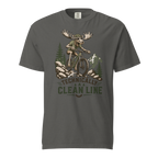 Pepper gray t-shirt with a moose riding a bike graphic and 'Technically Clean Line' text on a white background