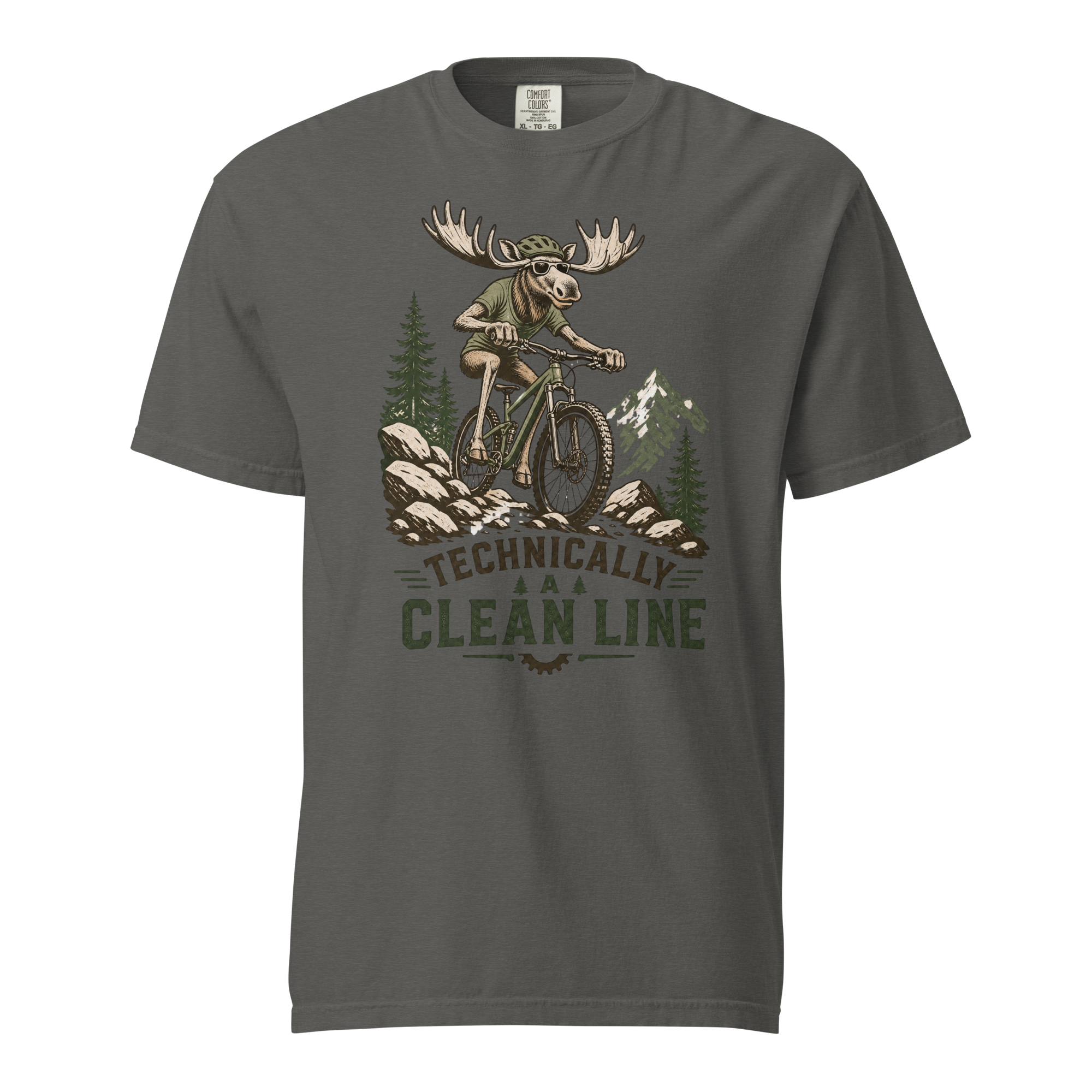 Pepper gray t-shirt with a moose riding a bike graphic and 'Technically Clean Line' text on a white background