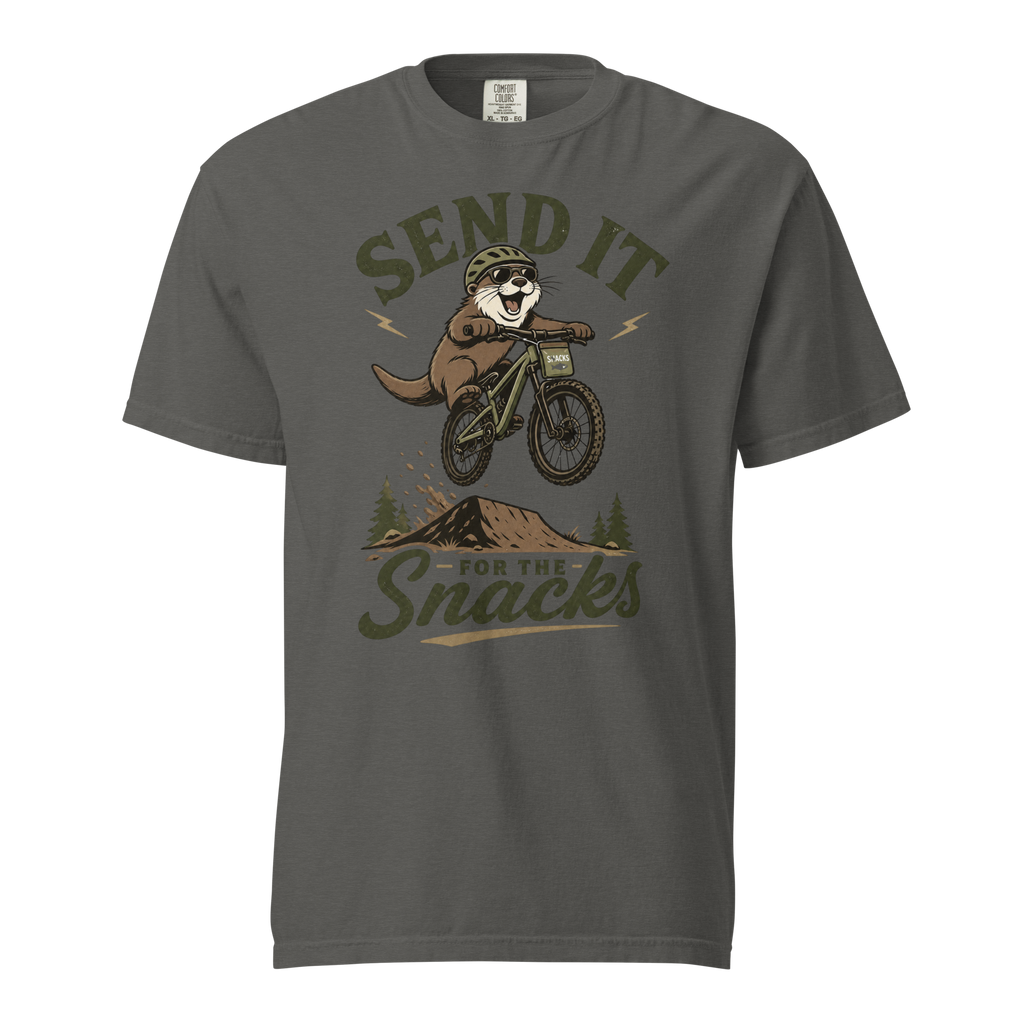 Pepper gray t-shirt with a graphic of a beaver on a bike and text 'Send it for the snacks'.