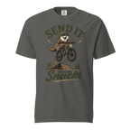 Pepper gray t-shirt with a graphic of a beaver on a bike and text 'Send it for the snacks'.