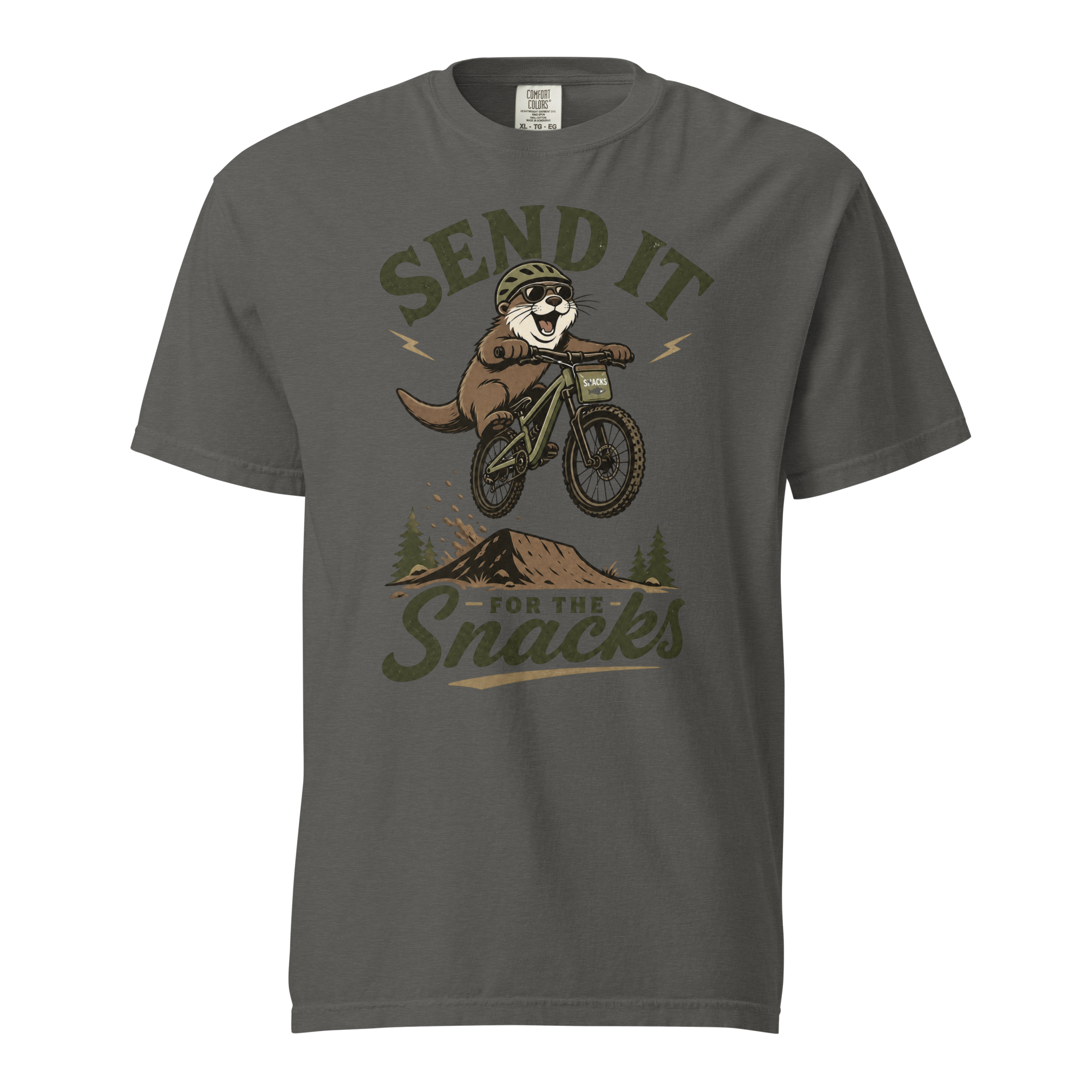 Pepper gray t-shirt with a graphic of a beaver on a bike and text 'Send it for the snacks'.