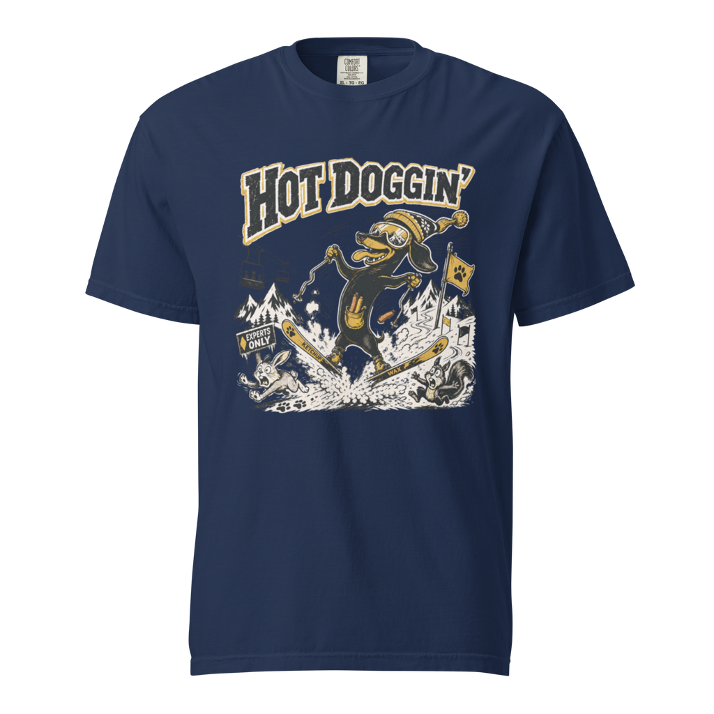 Navy blue t-shirt with a graphic design featuring a dog skiing and the text 'Hot Doggin'.