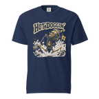Navy blue t-shirt with a graphic design featuring a dog skiing and the text 'Hot Doggin'.