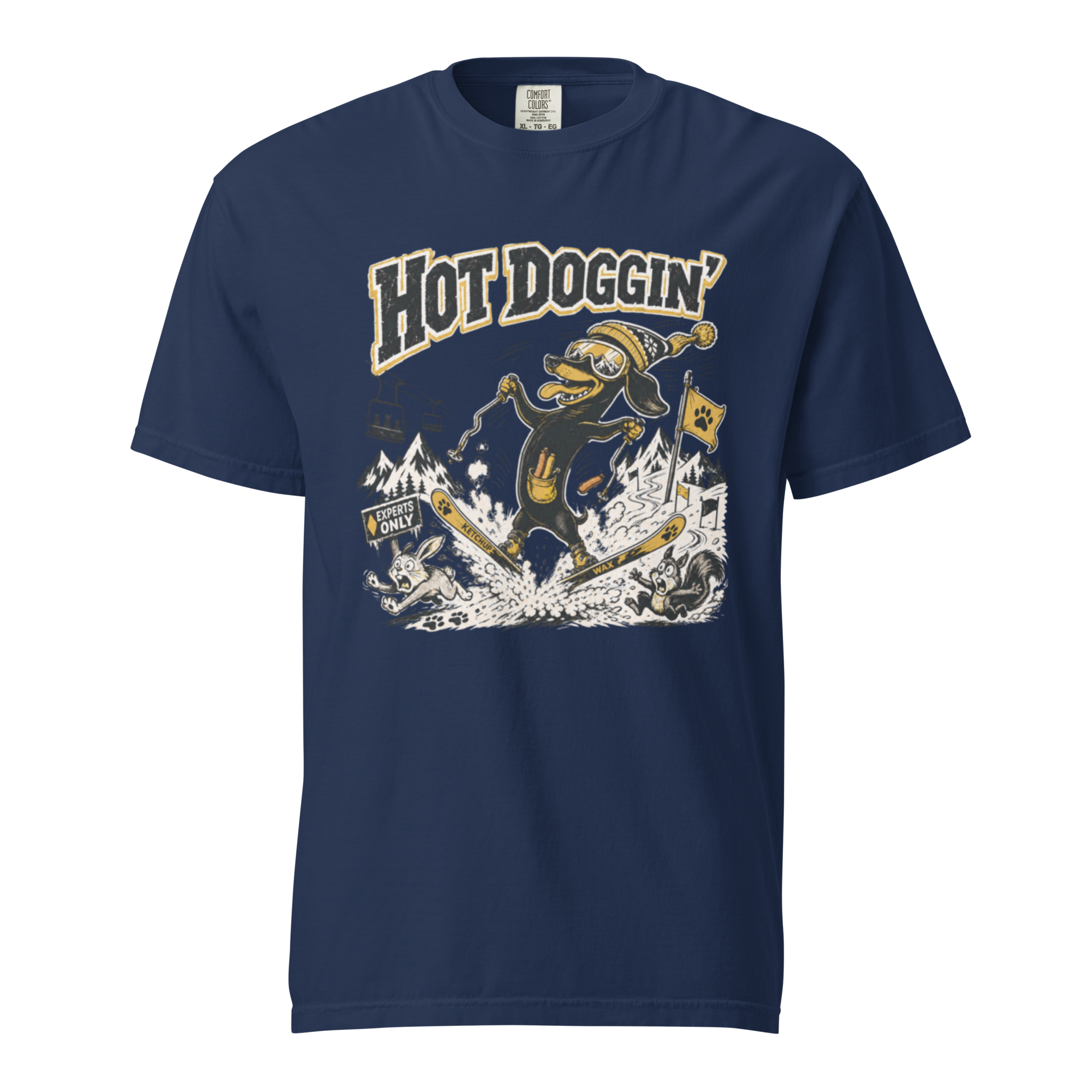 Navy blue t-shirt with a graphic design featuring a dog skiing and the text 'Hot Doggin'.