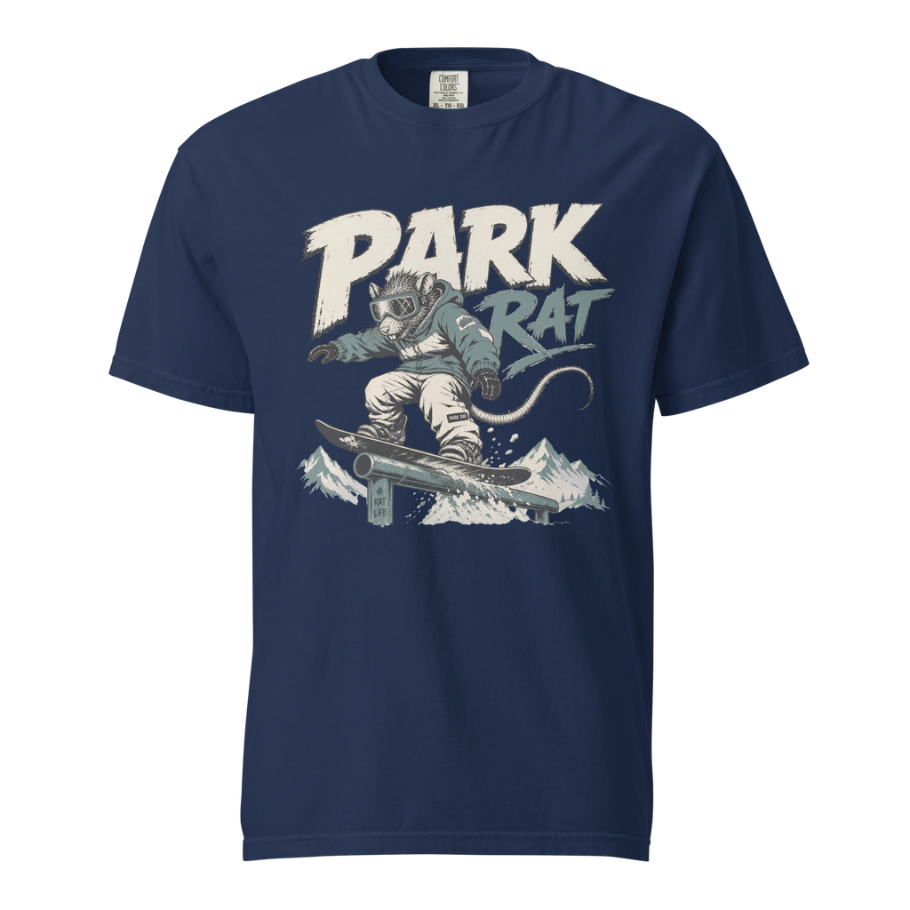 Navy blue t-shirt with 'Park Rat' graphic design on a white background