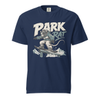 Navy blue t-shirt with 'Park Rat' graphic design on a white background
