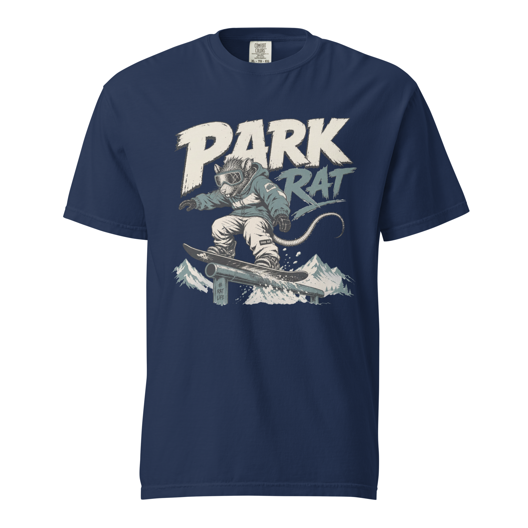 Navy blue t-shirt with 'Park Rat' graphic design on a white background